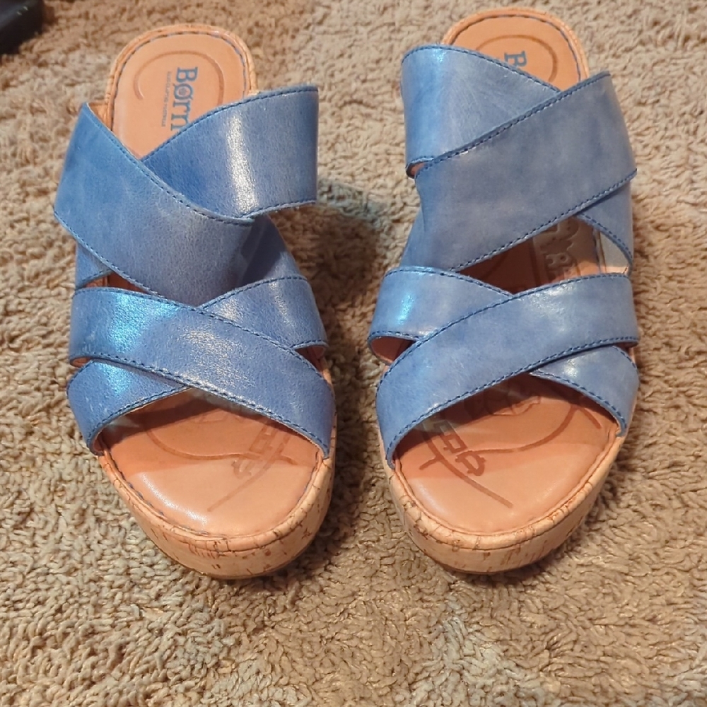Born Sky Blue Leather Wedge Sandals